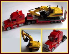 Flatbed truck with Caterpillar Excavator